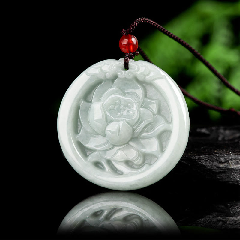 Stone of buddha Natural Jade Lotus Flower Carved Prosperity Necklace Pendant