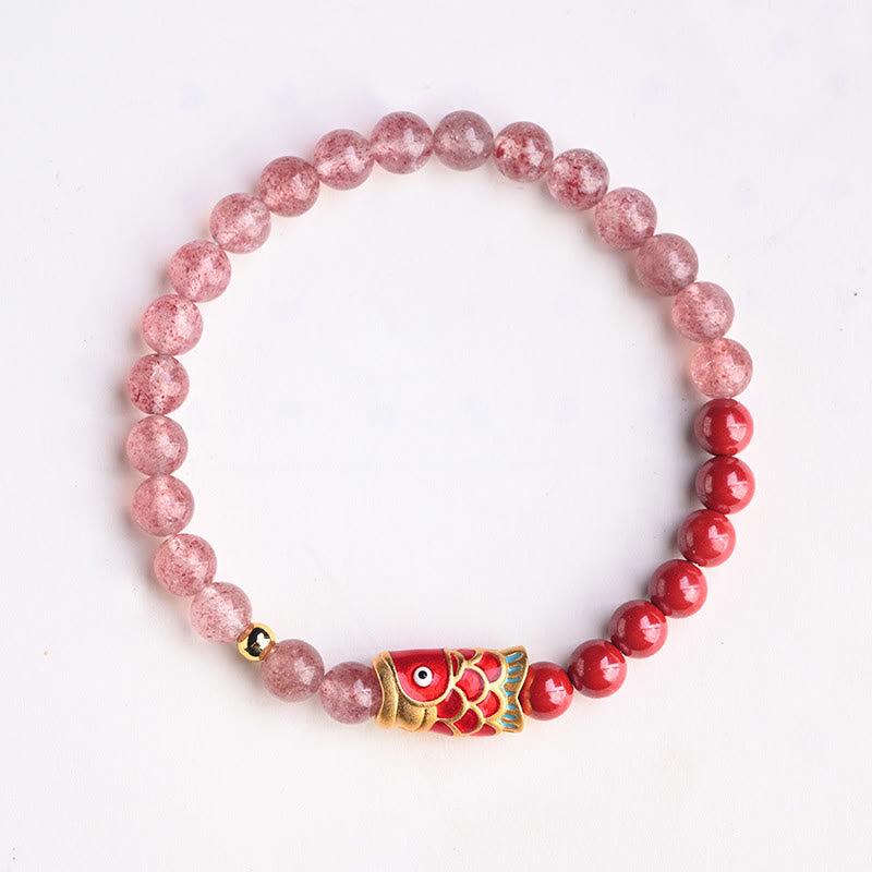 Stone of buddha Natural Strawberry Quartz Cinnabar Lucky Koi Fish Healing Bracelet