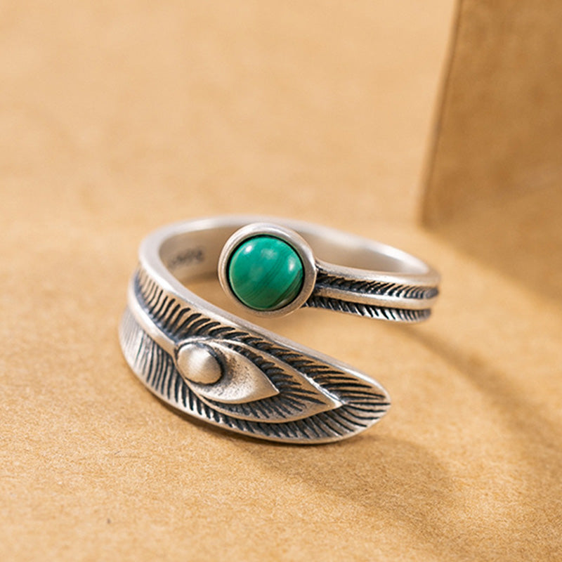 Stone of buddha 925 Sterling Silver Malachite Bead Feather Protection Ring