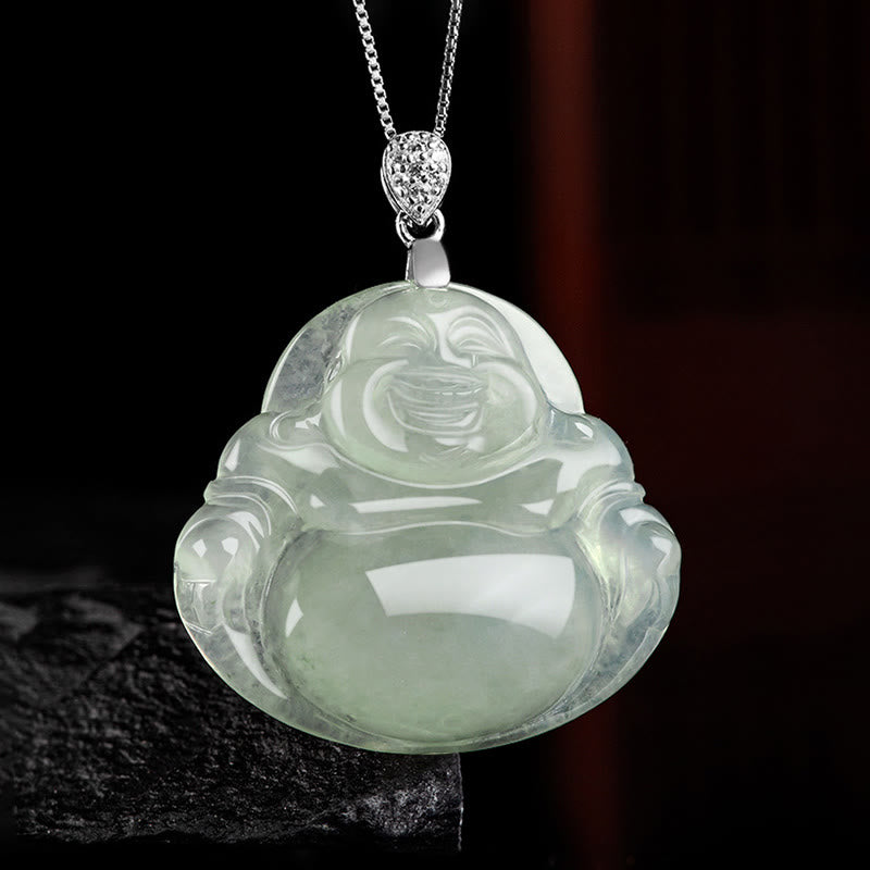 Stone of buddha 925 Sterling Silver Natural Jade Laughing Buddha Prosperity Abundance Chain Necklace Pendant