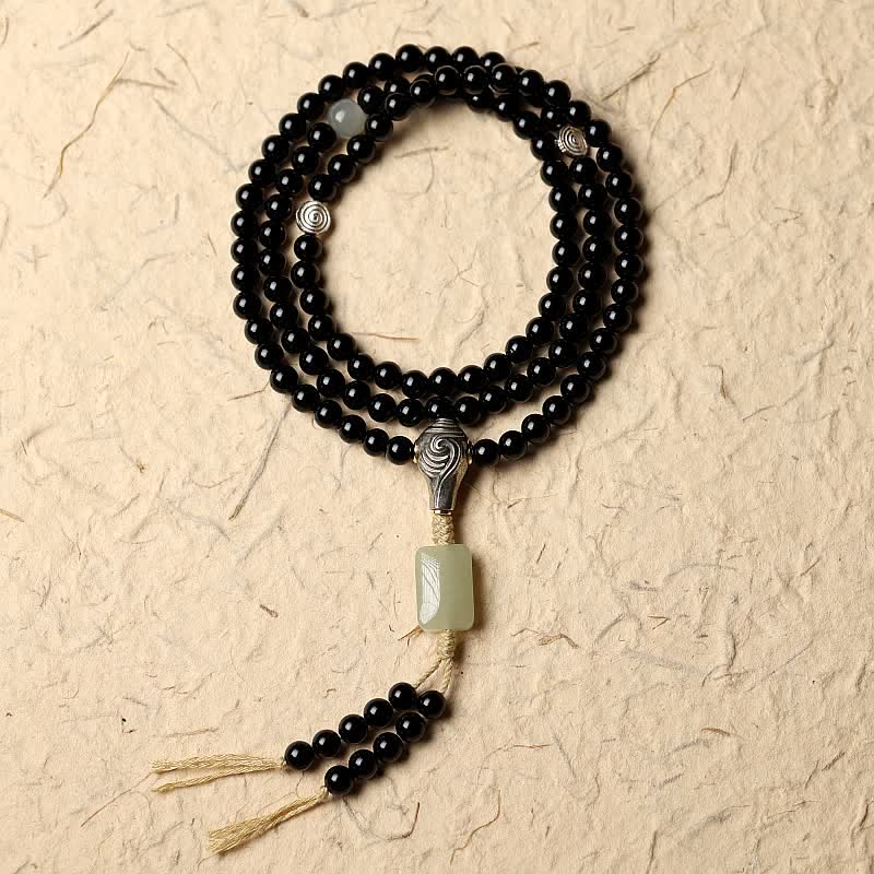 Stone of buddha Tibetan Black Onyx Hetian Jade 108 Mala Beads Fortune Bracelet