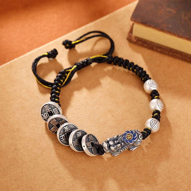Stone of buddha 999 Sterling Silver FengShui PiXiu Copper Coin Fu Character Wealth Braided Bracelet