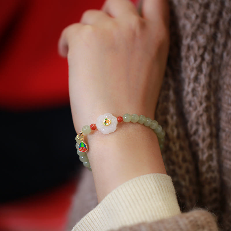Stone of buddha 925 Sterling Silver Plated Gold Natural Hetian Jade Bead Gourd Lotus Bamboo Fu Character Luck Bracelet