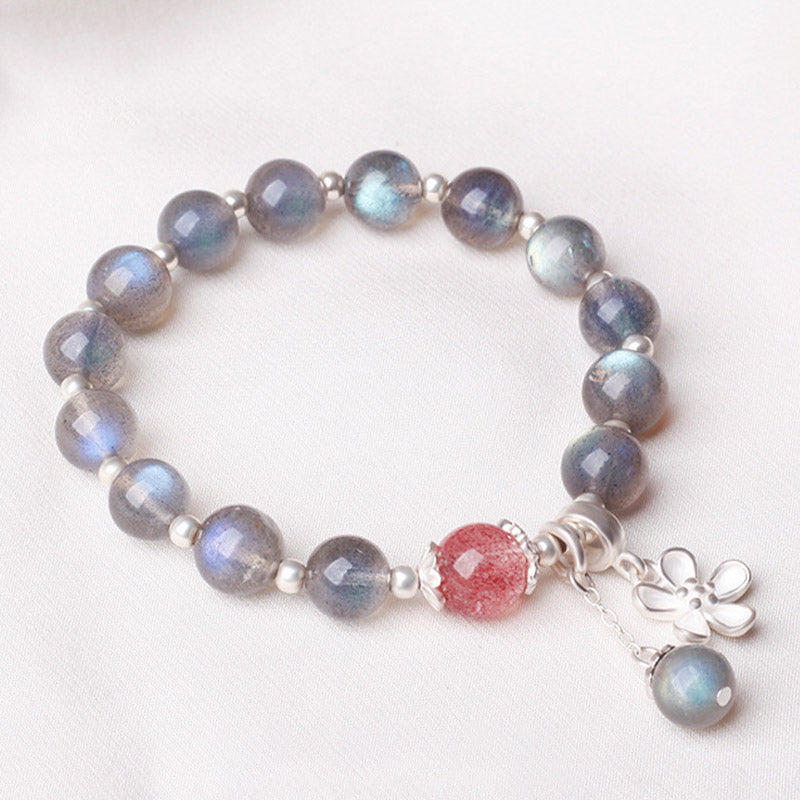 Stone of buddha Moonstone Strawberry Quartz Flower Healing Charm Bracelet