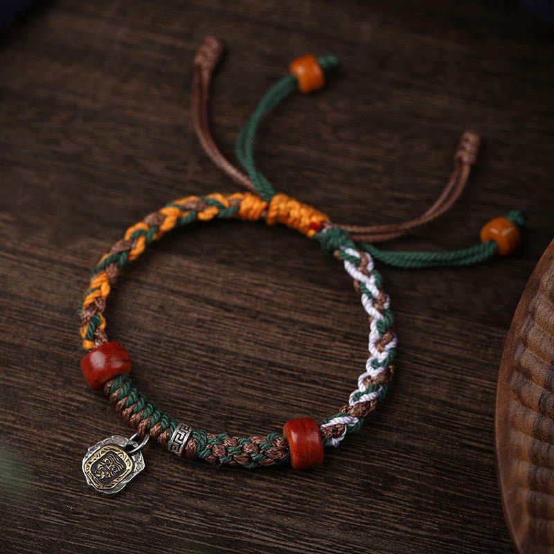Stone of buddha Handmade Tibetan Silver 925 Sterling Silver Zakiram Goddess of Wealth Camel Bone Protection Braided Bracelet