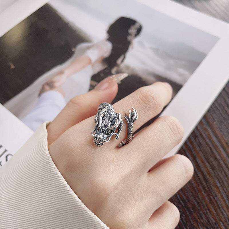 Stone of buddha Vintage 925 Sterling Silver Year Of The Dragon Design Luck Metal Ring
