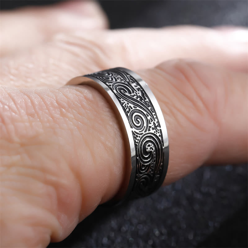 Stone of buddha Vintage Wave Auspicious Clouds Engraved Pattern Titanium Steel Balance Ring