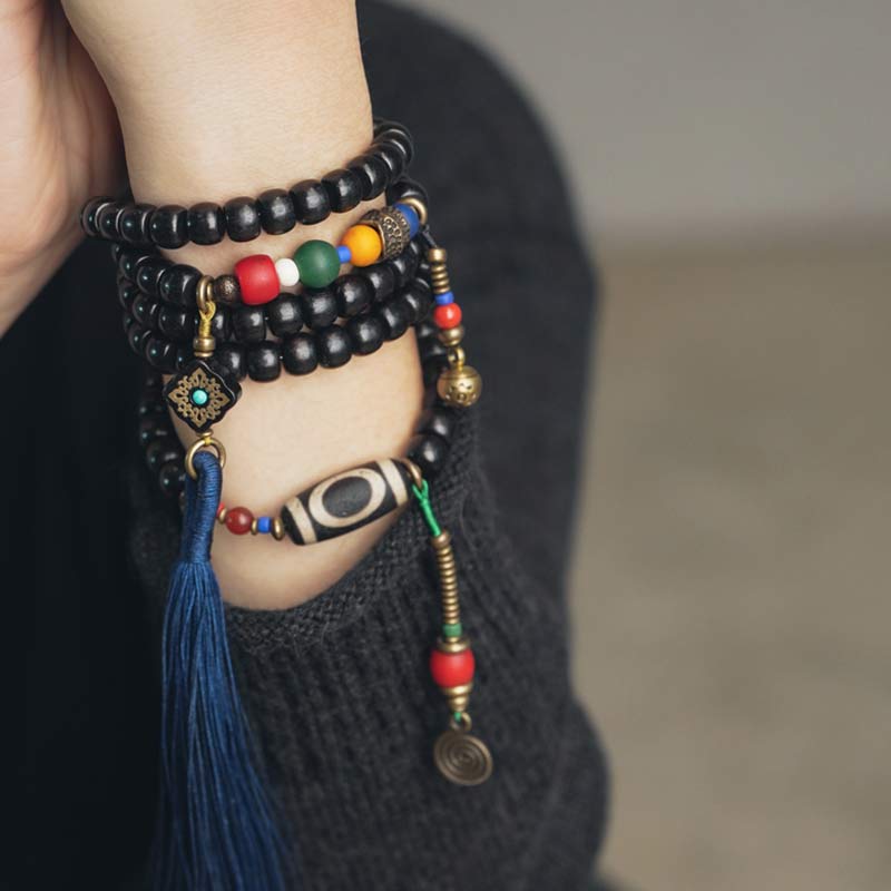 Stone of buddha 108 Beads Mala Ebony Wood Dzi Bead Copper Balance Tassel Bracelet