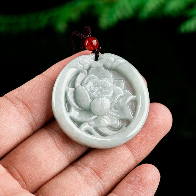 Stone of buddha Natural Jade Lotus Flower Carved Prosperity Necklace Pendant