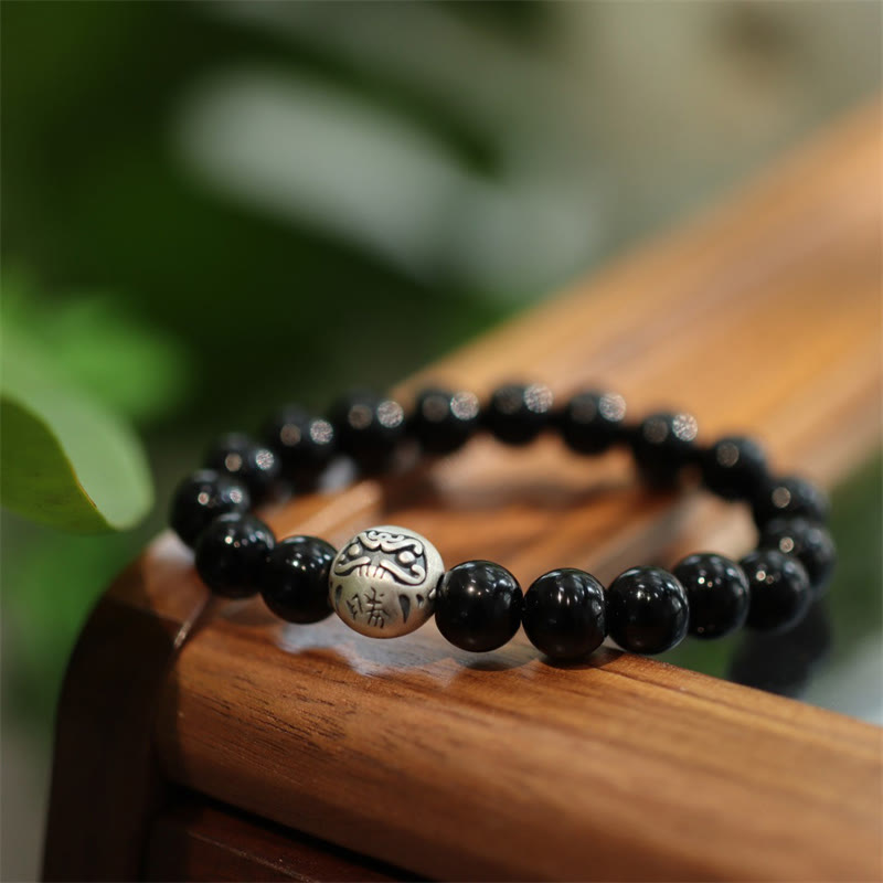 Stone of buddha 925 Sterling Silver Black Onyx Bead Character Engraved Protection Bracelet