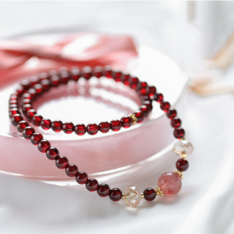 Stone of buddha 14K Gold Plated Natural Garnet Strawberry Quartz Stability Double Wrap Bracelet