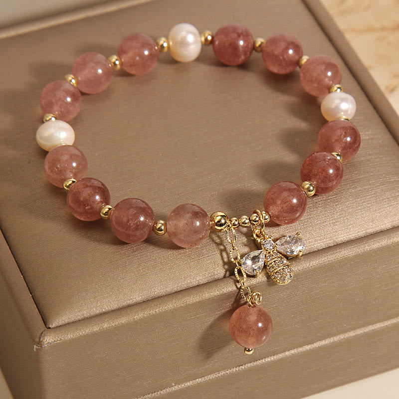 Stone of buddha Strawberry Quartz Pearl Cute Zircon Honeybee Positive Charm Bracelet