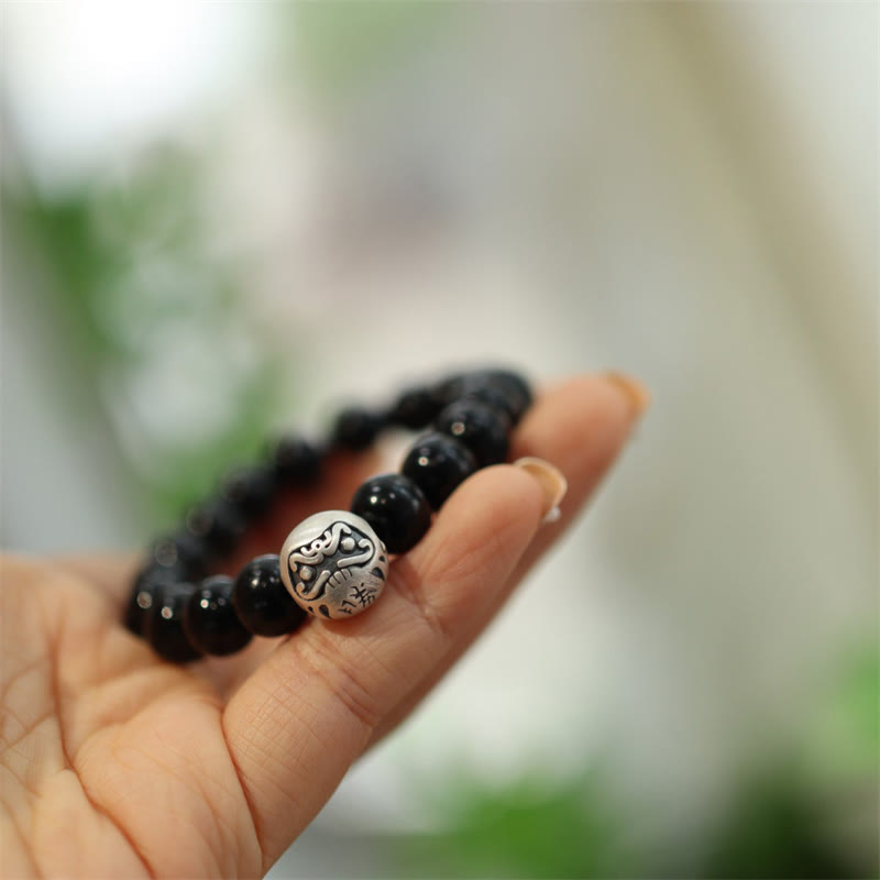 Stone of buddha 925 Sterling Silver Black Onyx Bead Character Engraved Protection Bracelet