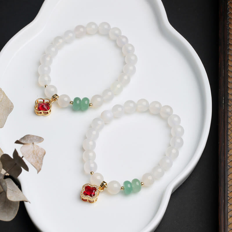 Stone of buddha Natural White Agate Red Agate Money Bag Fu Character Four Leaf Clover Protection Bracelet