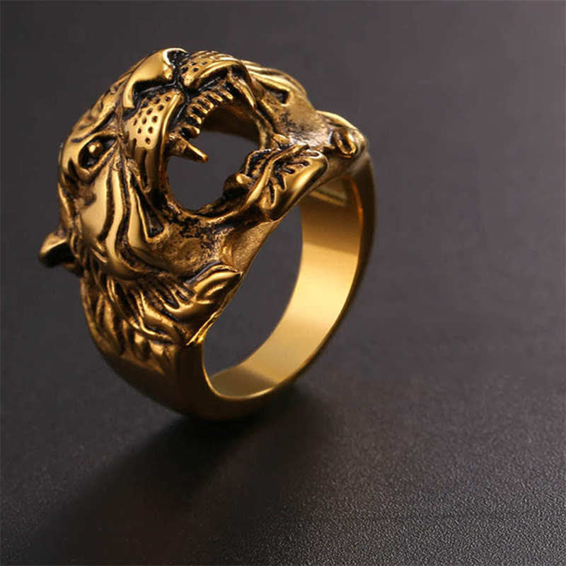 Stone of buddha Men's Animal Tiger Head Titanium Steel Balance Calm Punk Rock Biker Ring