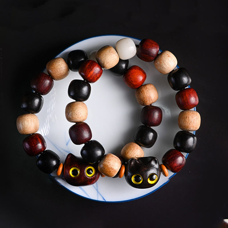 Stone of buddha Small Leaf Red Sandalwood Ebony Wood Cute Cat Engraved Protection Bracelet