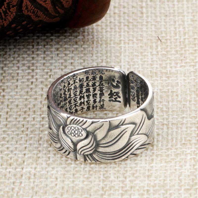 Stone of buddha 999 Sterling Silver Lotus Symbol Heart Sutra Protection Ring
