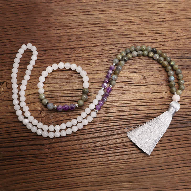 Stone of buddha 108 Mala Beads White Agate Amethyst Black Glitter Stone Protection Bracelet