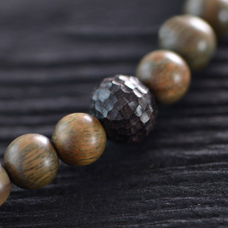 Stone of buddha Tibetan Green Sandalwood Ebony Wood Three-eyed Dzi Bead Fu Character Balance Peace Double Wrap Bracelet