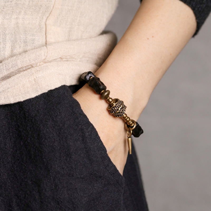 Stone of buddha Ebony Wood Copper Balance Protection Couple Bracelet