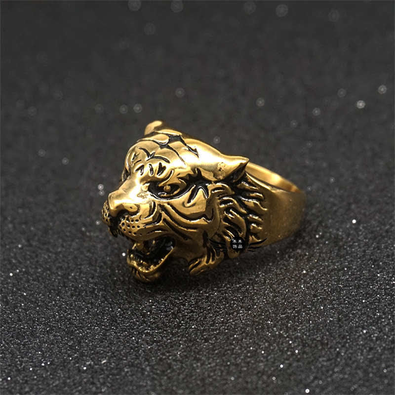 Stone of buddha Men's Animal Tiger Head Titanium Steel Balance Calm Punk Rock Biker Ring