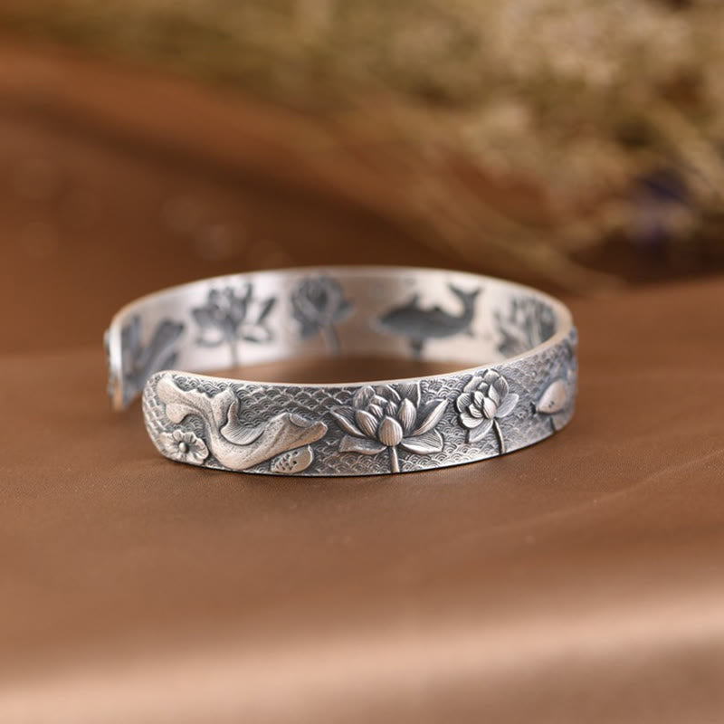 Stone of buddha 999 Sterling Silver Luck Koi Fish Lotus Wealth Bracelet Bangle