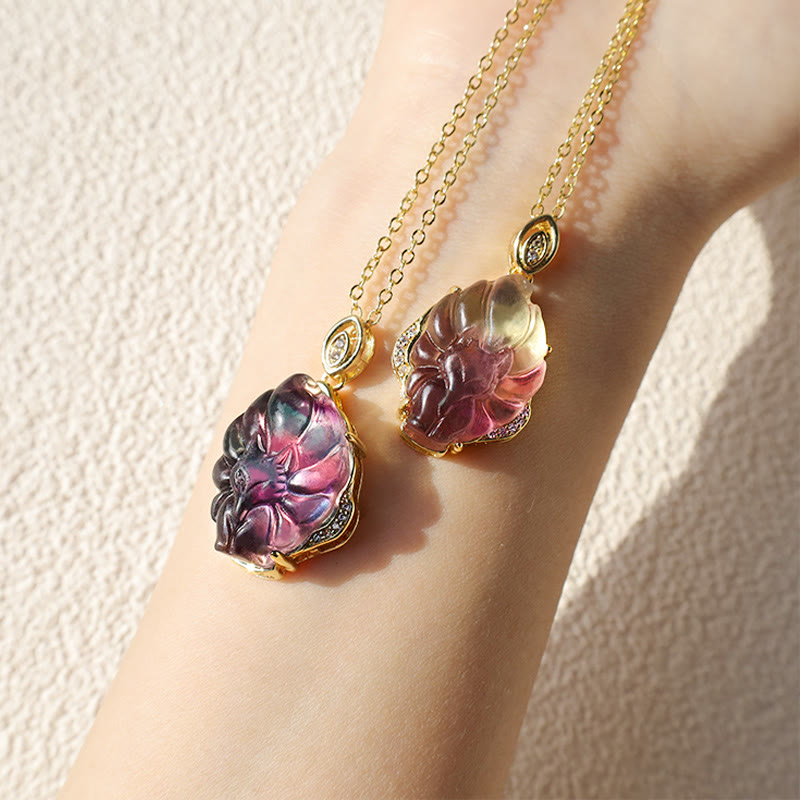Stone of buddha Natural Colorful Fluorite Nine-Tailed Fox Protection Necklace Pendant