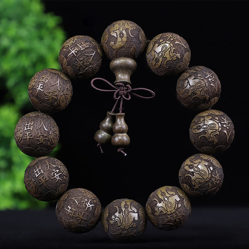 Stone of buddha Chinese Zodiac Rosewood Ebony Boxwood Copper Coin PiXiu Carved Warmth Bracelet