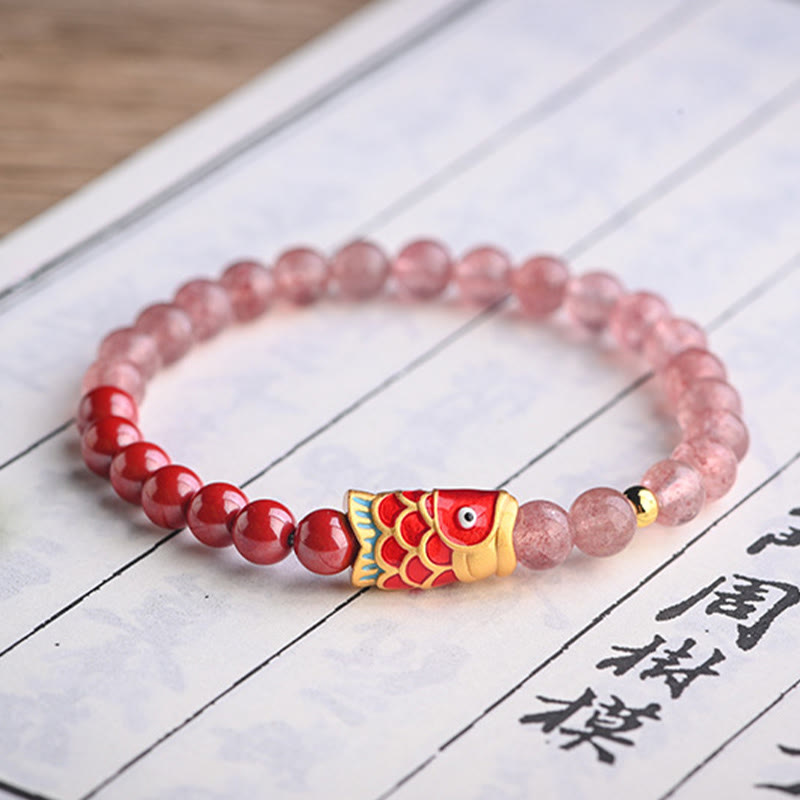 Stone of buddha Natural Strawberry Quartz Cinnabar Lucky Koi Fish Healing Bracelet