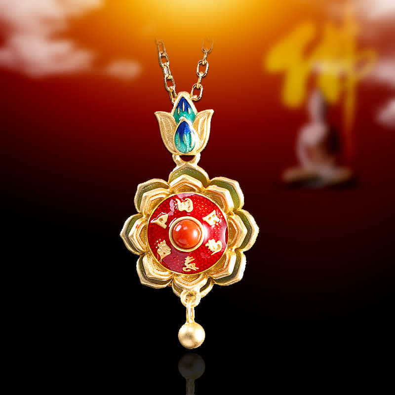Stone of buddha 925 Sterling Silver Tibet Lotus Prayer Wheel Red Agate Enlightenment Necklace Pendant