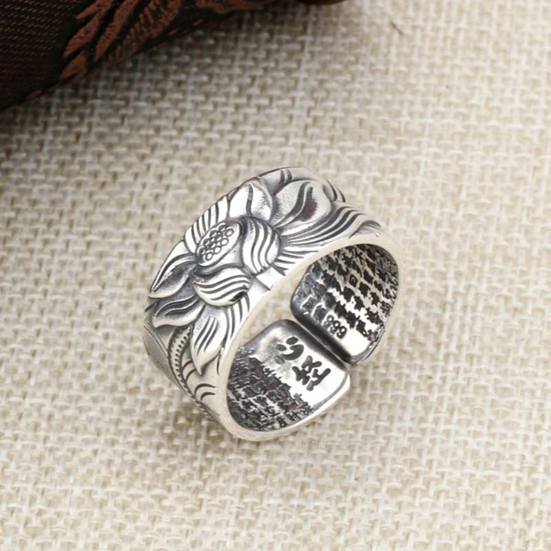 Stone of buddha 999 Sterling Silver Lotus Symbol Heart Sutra Protection Ring