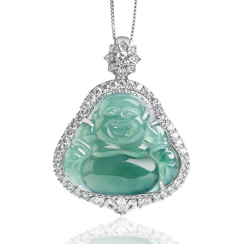 Stone of buddha 925 Sterling Silver Laughing Buddha Natural Jade Luck Abundance Chain Necklace Pendant