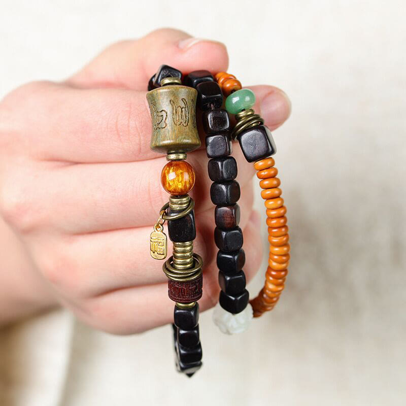 Stone of buddha Green Sandalwood Ebony Om Mani Padme Hum Engraved Peace Triple Wrap Bracelet