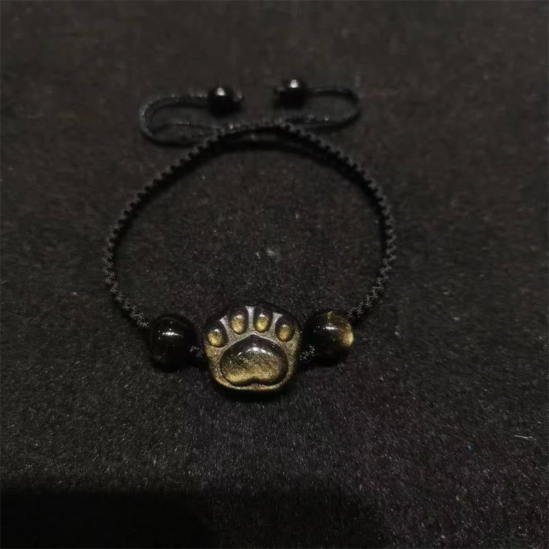 Stone of buddha Natural Silver Sheen Obsidian Gold Sheen Obsidian Cute Cat Paw Claw Protection Rope Bracelet