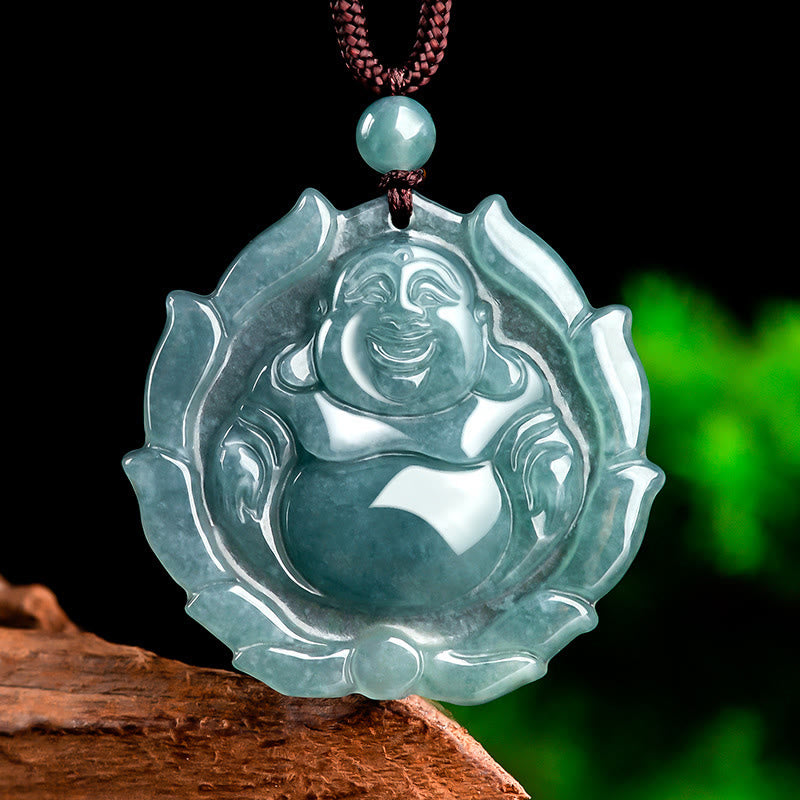 Stone of buddha Natural Jade Laughing Buddha Lotus Pattern Luck Necklace Pendant