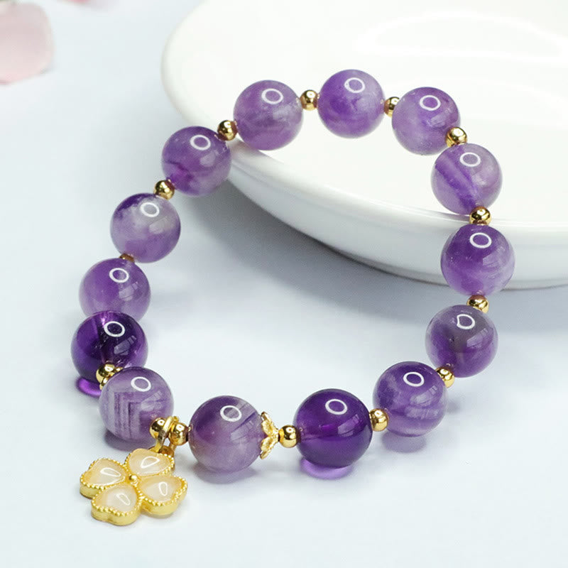 Stone of buddha Natural Amethyst Crystal Inner Peace Four Leaf Clover Charm Bracelet