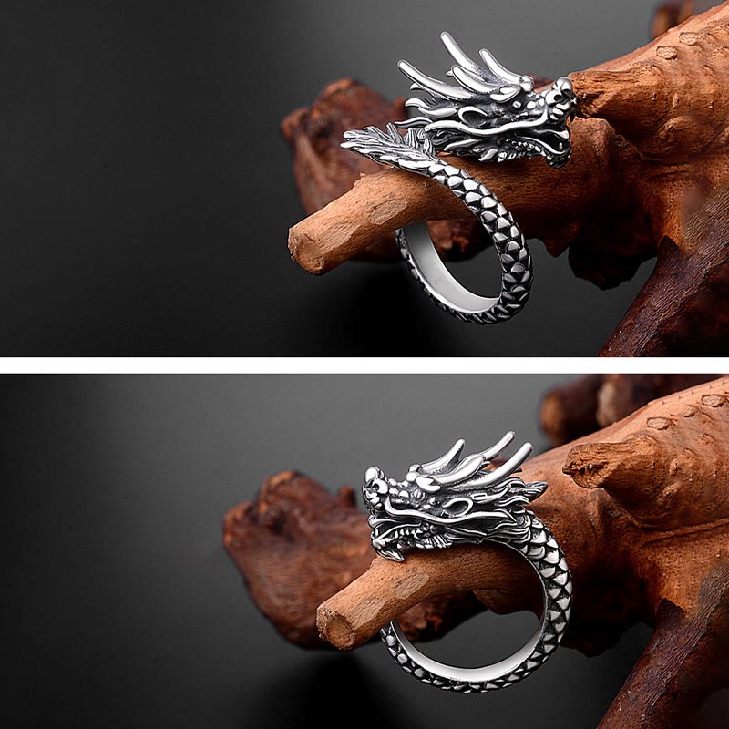 Stone of buddha 990 Sterling Silver Vintage Dragon Design Luck Protection Strength Adjustable Ring