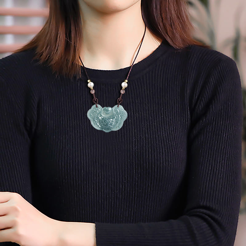 Stone of buddha Natural Jade Peony Flower Lock of Good Wishes Prosperity Necklace Pendant