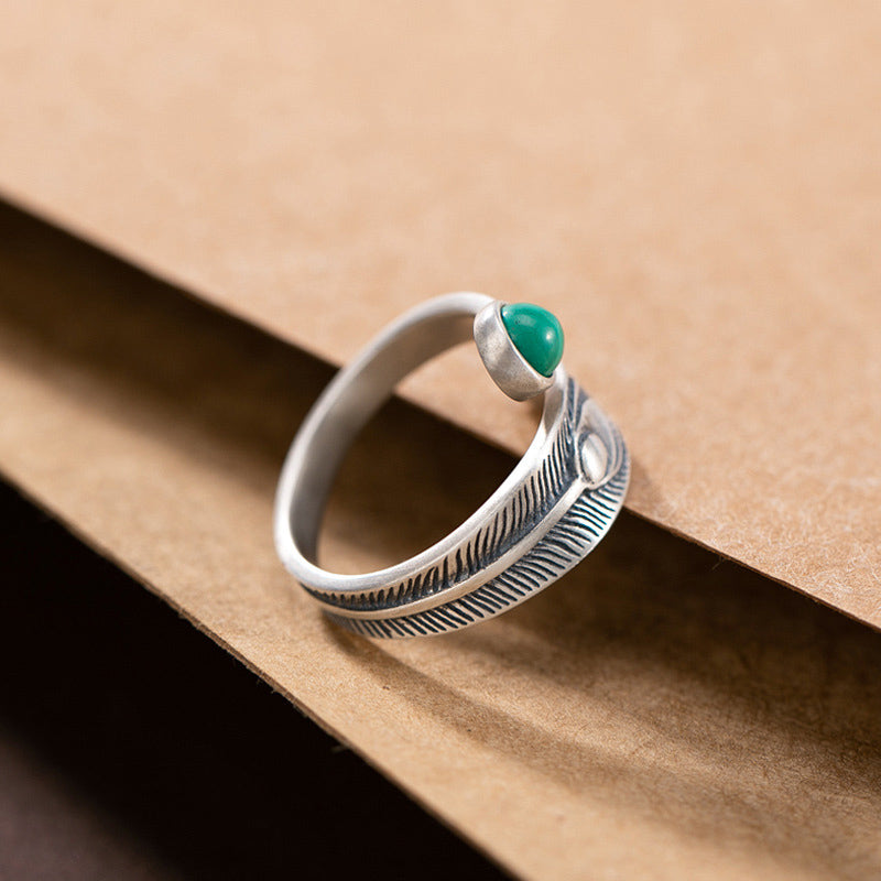 Stone of buddha 925 Sterling Silver Malachite Bead Feather Protection Ring