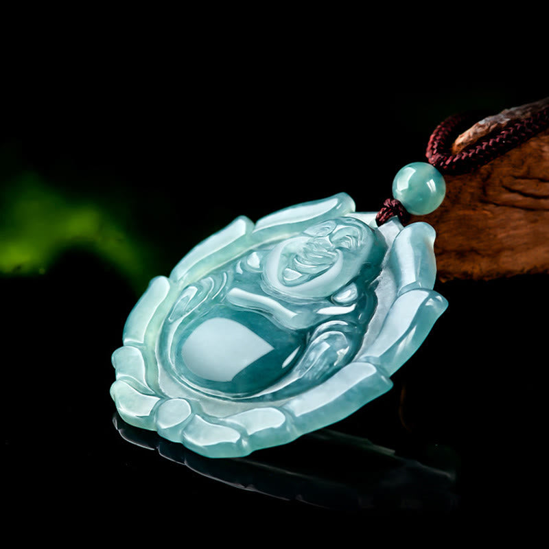 Stone of buddha Natural Jade Laughing Buddha Lotus Pattern Luck Necklace Pendant