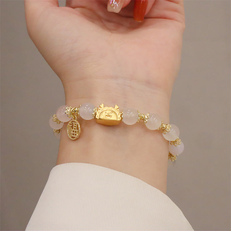Stone of buddha Year Of The Dragon Red Agate Strawberry Quartz Black Obsidian Jade Garnet Pearl Cinnabar Dumpling Dragon Luck Fu Character Bracelet