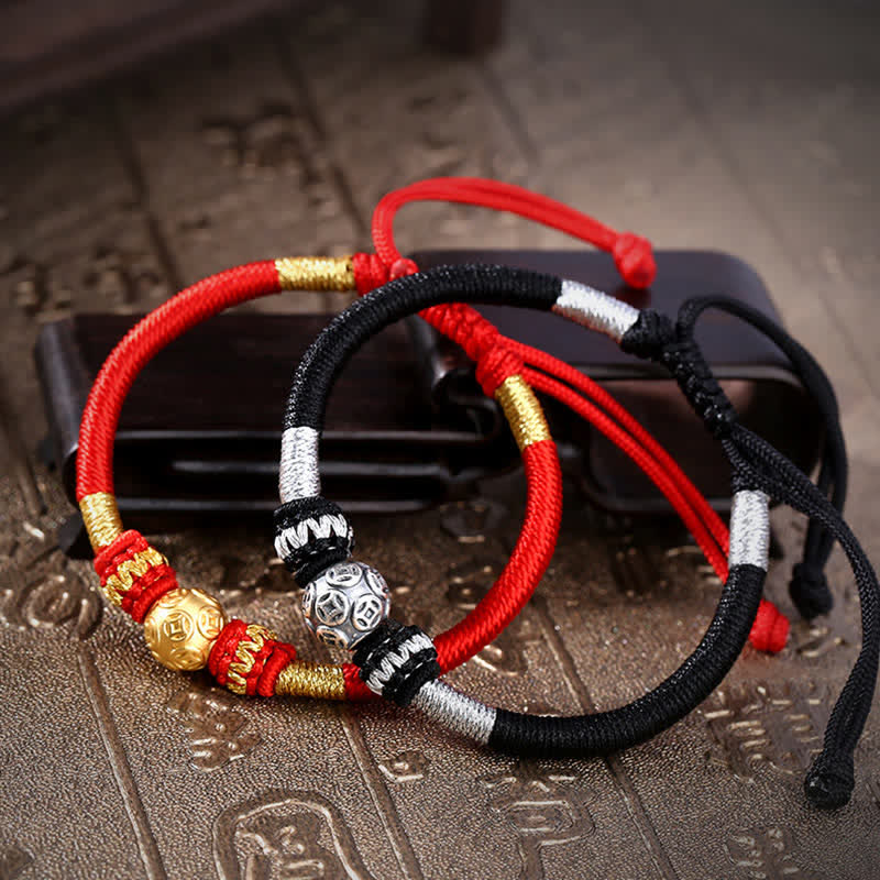 Stone of buddha 999 Sterling Silver Round Copper Coin Protection Luck Beaded String Bracelet