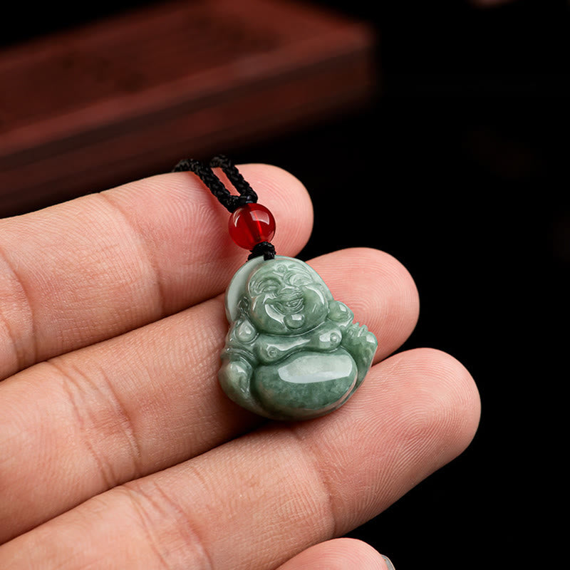 Stone of buddha Natural Green Jade Laughing Buddha Luck Abundance Necklace Pendant