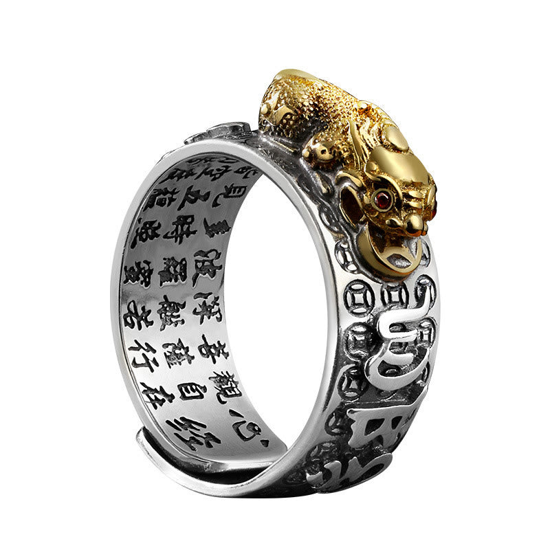 Stone of buddha Tibetan 990 Sterling Silver Om Mani Padme Hum PiXiu Dorje Vajra Heart Sutra Engraved Wealth Ring
