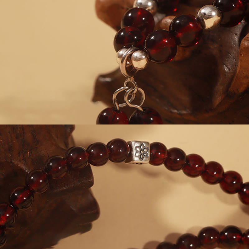 Stone of buddha 925 Sterling Silver Natural Garnet Cat Eye Protection Triple Wrap Bracelet