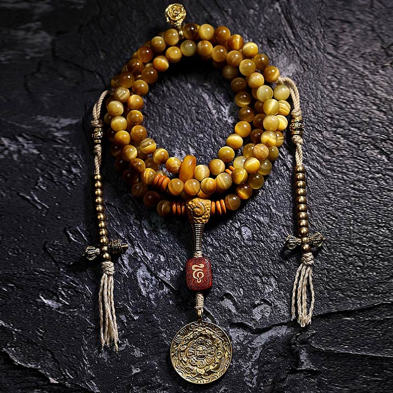 Stone of buddha 108 Mala Beads Natural Tiger Eye Copper Dorje Protection Tassel Bracelet