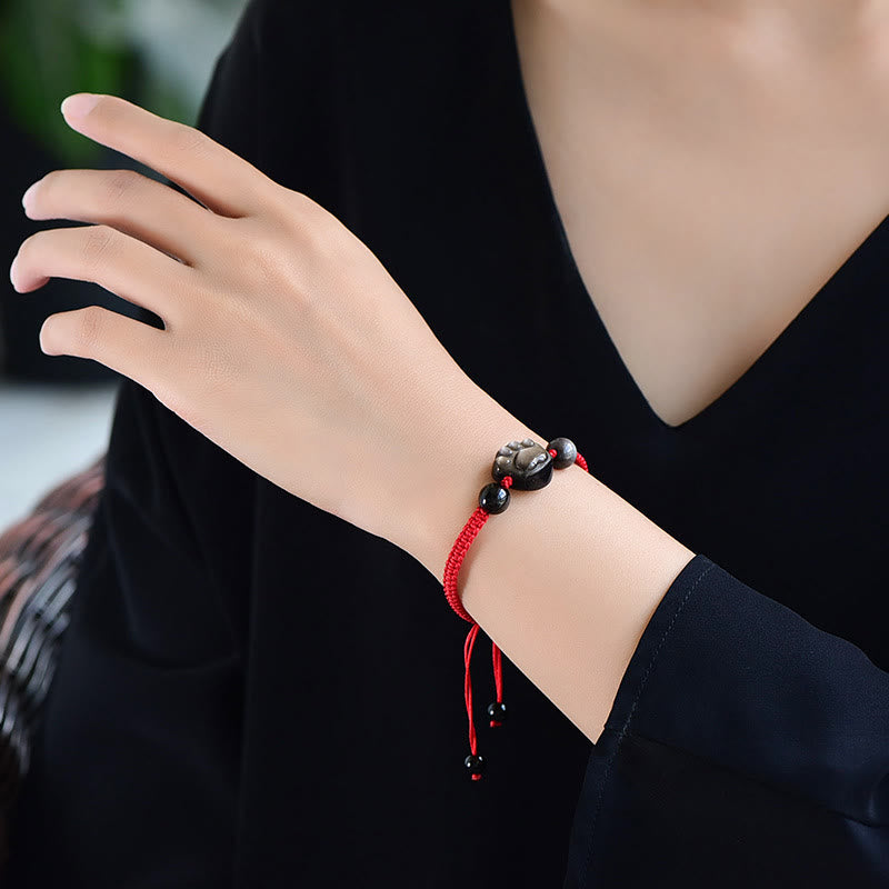 Stone of buddha Natural Silver Sheen Obsidian Gold Sheen Obsidian Cute Cat Paw Claw Protection Rope Bracelet