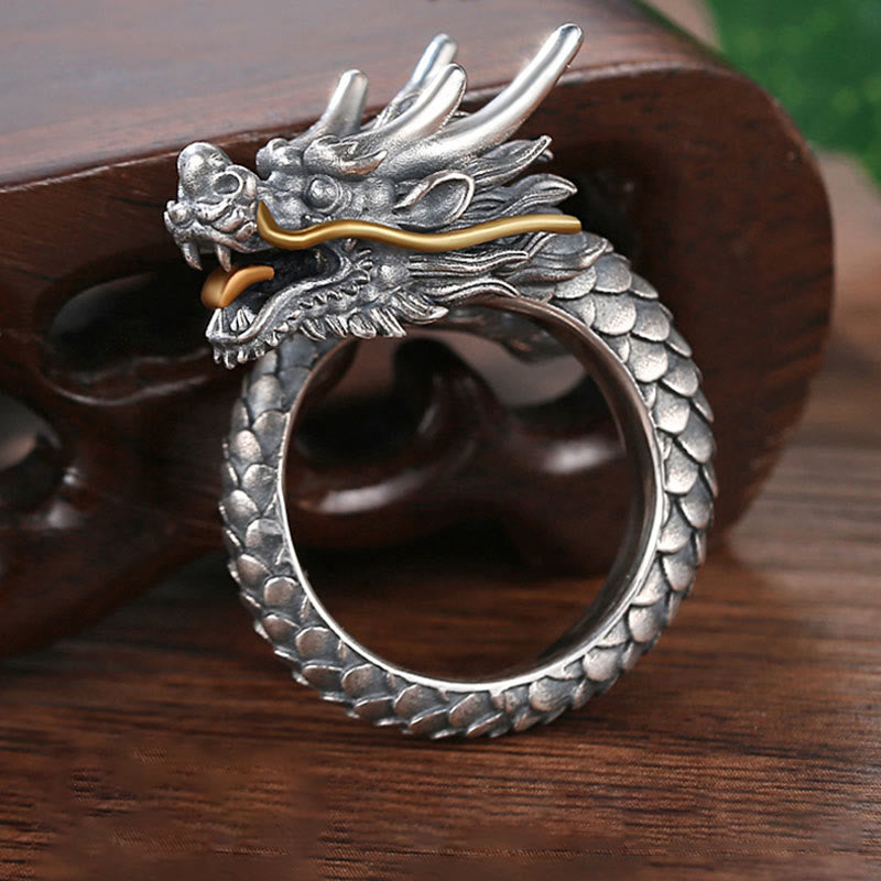 Stone of buddha 925 Sterling Silver Vintage Dragon Design Protection Strength Adjustable Ring