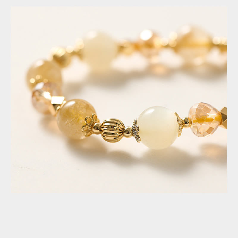 Stone of buddha 14K Gold Plated Golden Rutilated Quartz Wealth Bell Lucky Fortune Charm Bracelet