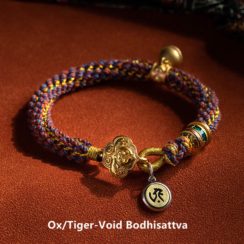Stone of buddha 925 Sterling Silver Chinese Zodiac Natal Buddha Om Mani Padme Hum Luck Bell Braided String Bracelet
